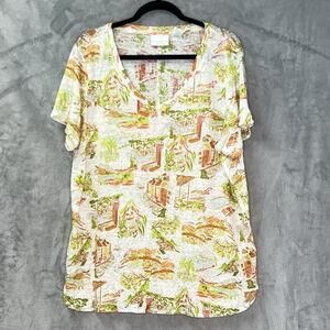 Cynthia Rowley‎ 100% Linen Beach Lightweight Shirt Orange Green Italy Print 1X